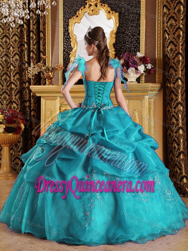 Organza Quinceanera Dress with Spaghetti Straps and Appliques for Cheap