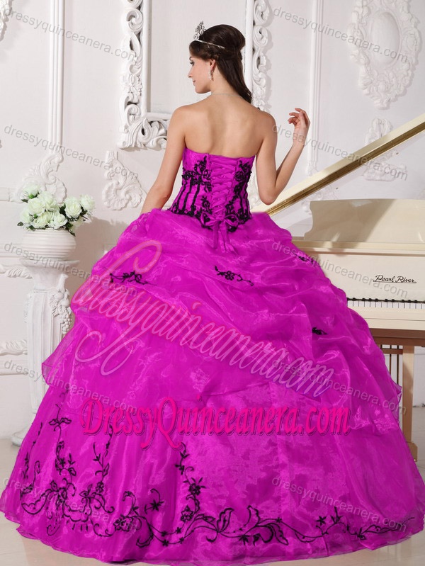 Hot Pink and Black Organza Quinceanera Dress with Appliques on Promotion