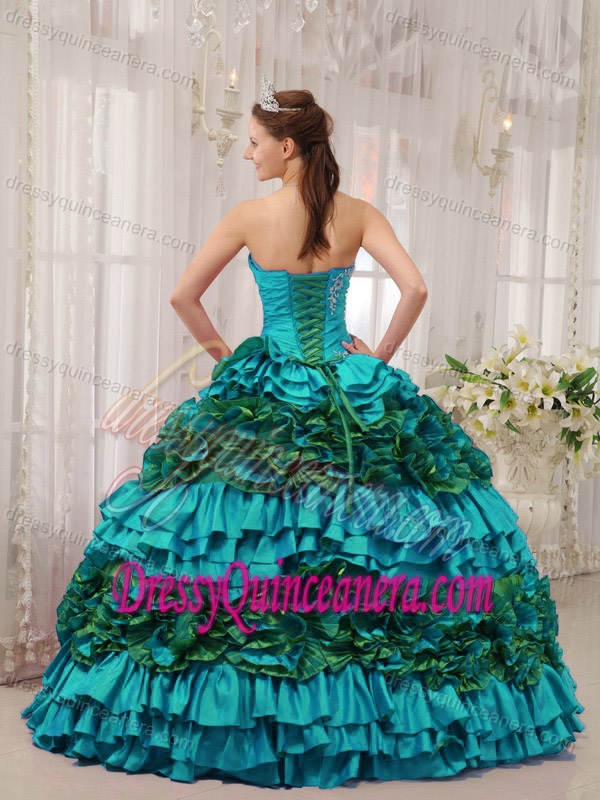 Strapless Taffeta Appliqued and Ruched Quinceanera Dress with Ruffled Layer