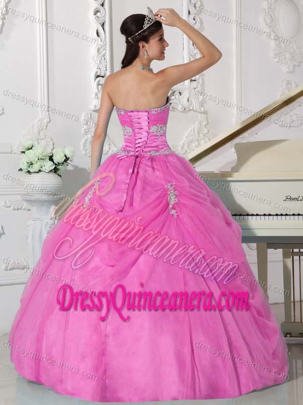 Pink Organza Appliqued Quinceanera Dress with Hand Made Flowers on Sale