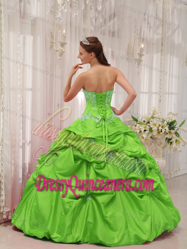 Spring Green Sweetheart Taffeta Quinceanera Dress with Appliques on Sale