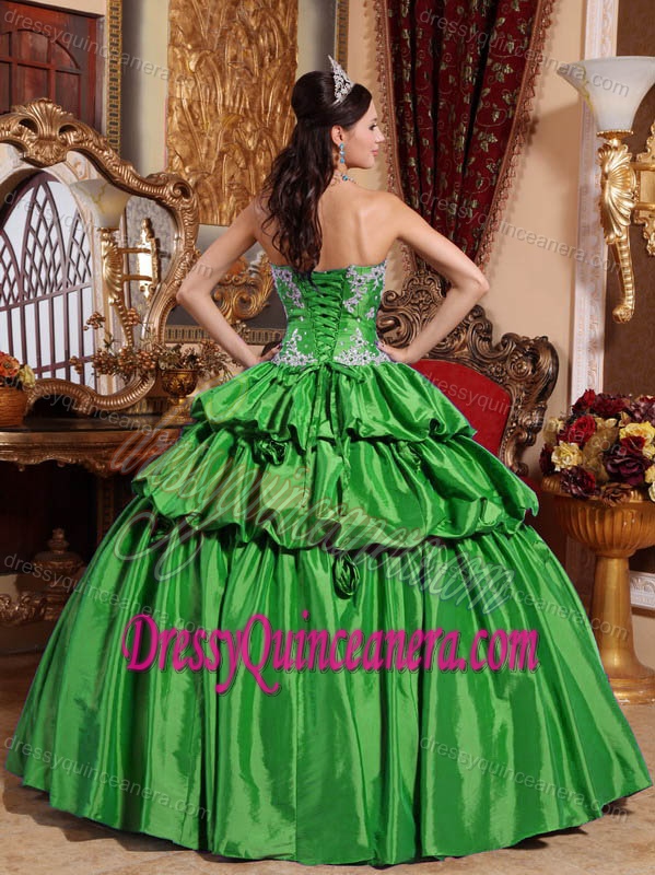 Green Sweetheart Taffeta Quinceanera Dress with Appliques on Promotion