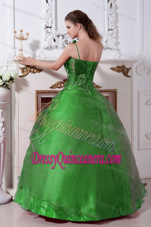 Green Beaded One Shoulder Taffeta and Organza Quinceanera Dress on Sale