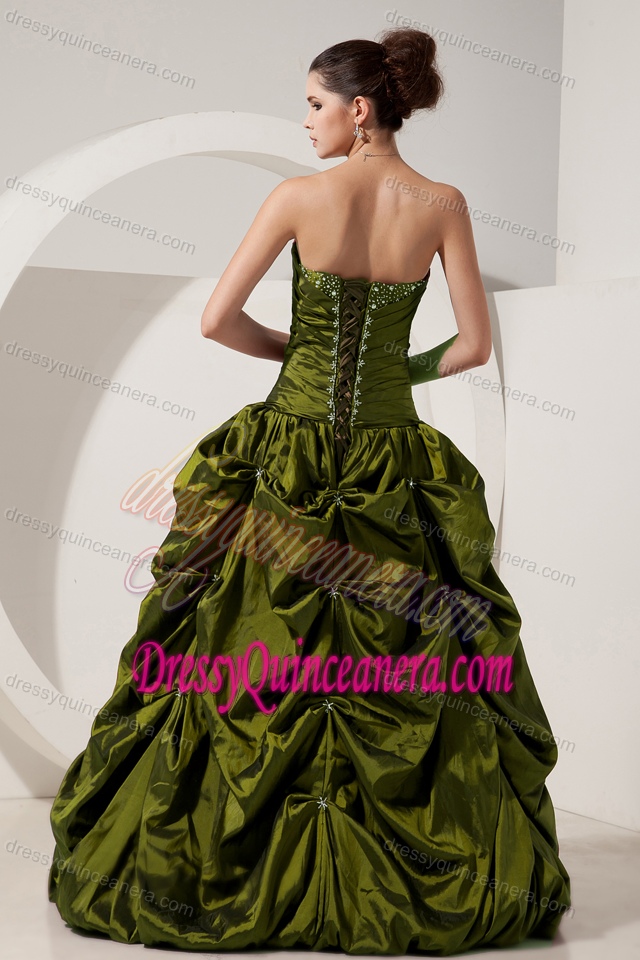 New Olive Green Sweetheart Taffeta Beaded Quinceanea Dress with Pick-ups