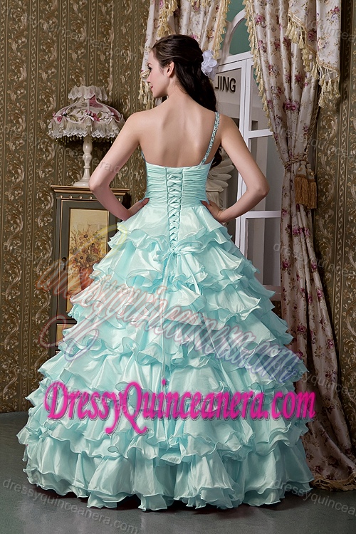 Light Blue A-line One Shoulder Beaded Quinceanea Dress with Ruffled Layers