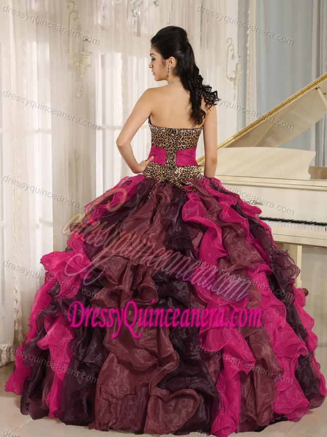 Wholesale Multicolor V-neck Ruffled Leopard and Beaded Quinceanera Dress