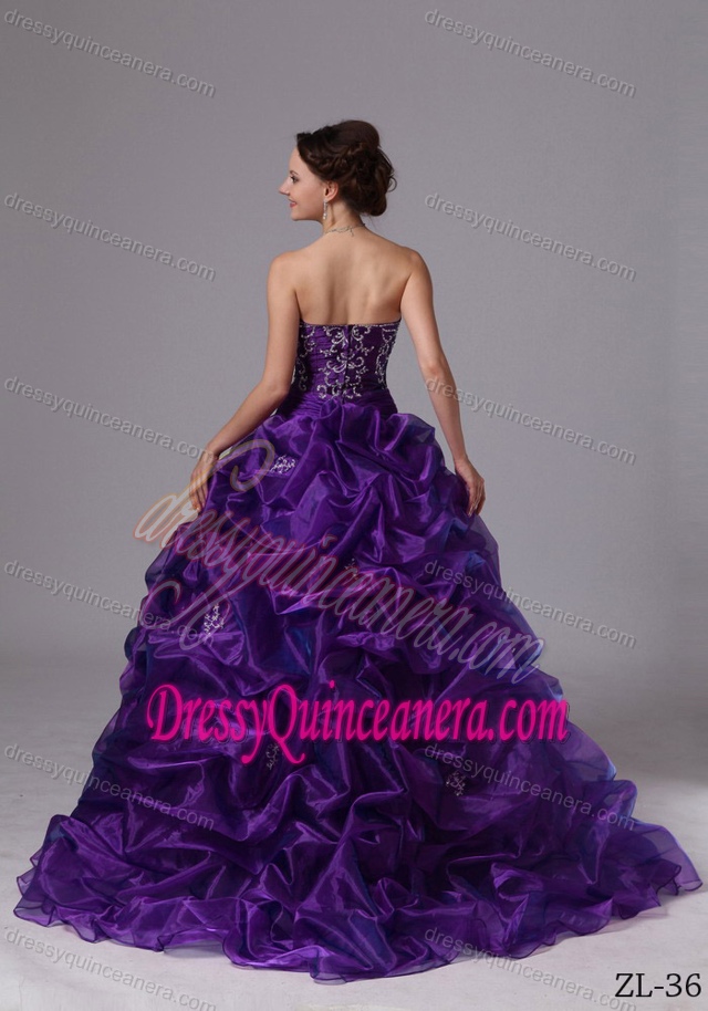 Custom Made Purple Quinceanera Gown with Pick-ups and Embroidery in Taffeta