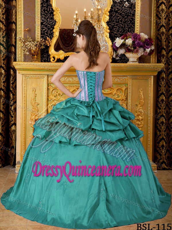 Teal Strapless Floor-length Taffeta Pick-ups Quinceaneras Dress