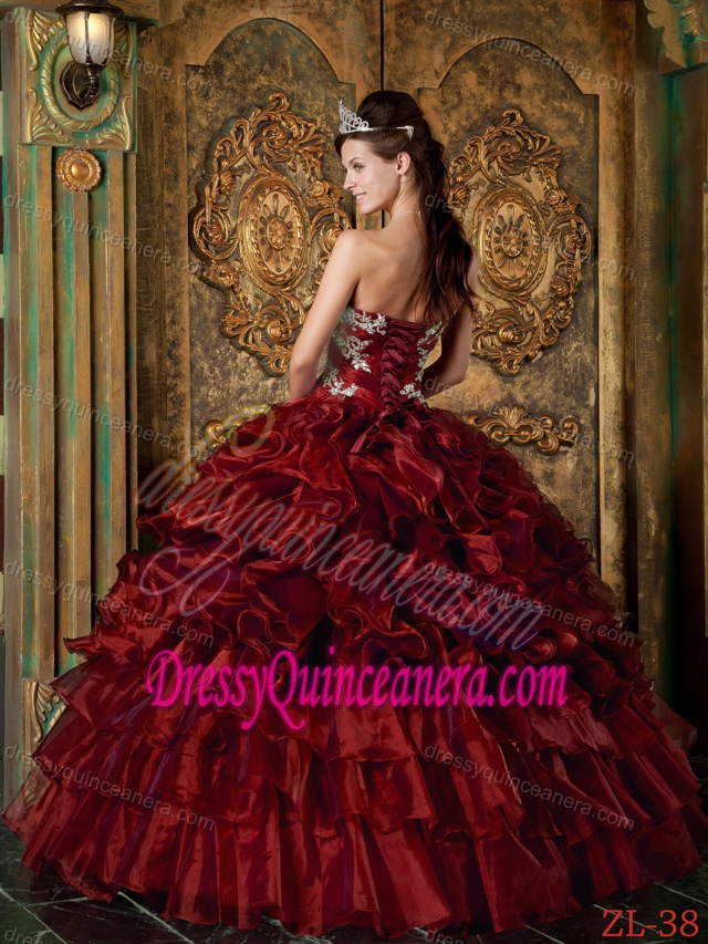 Ruffled and Appliqued Wine Red Strapless Dress for Quinceanera on Sale