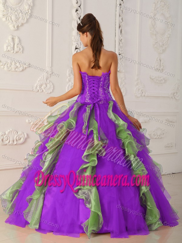 Purple and Green Strapless Dresses for Quinceanera with Ruffles for 2013