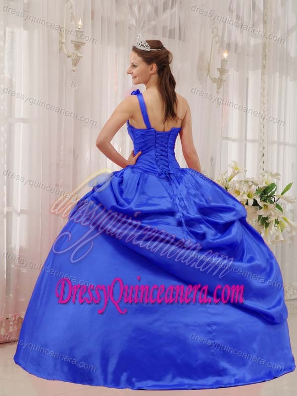 Cheap One Shoulder Dresses for Quinceanera with Beading in Royal Blue