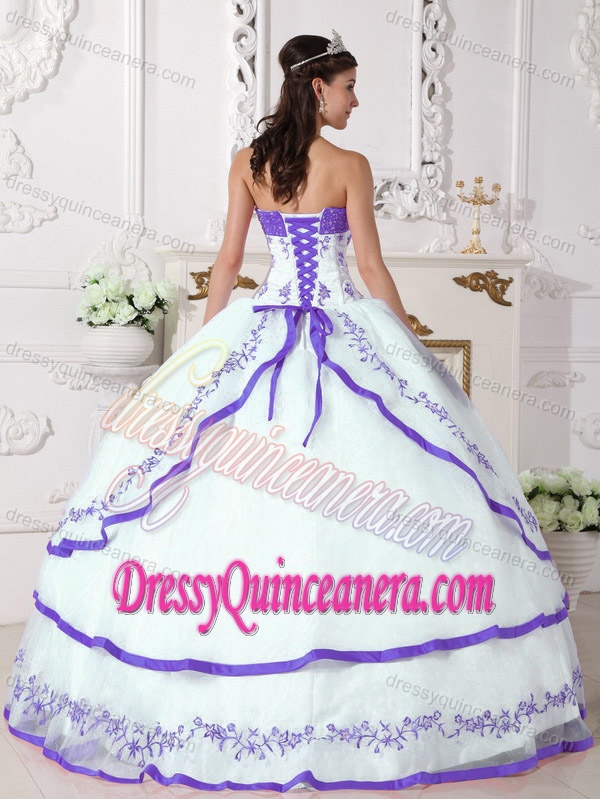 White and Lilac Strapless Sweet Sixteen Dresses with Embroidery for 2012