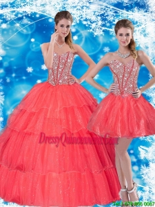 2015 Luxurious Beading and Ruffled Layers Sweetheart Sweet 16 Dresses in Coral Red