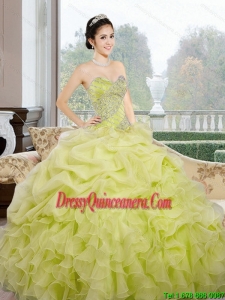 2015 Luxurious Sweetheart Yellow Green Sweet 16 Dresses with Ruffles and Pick Ups