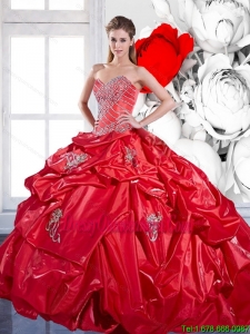 Luxurious Pick Ups and Appliques 2015 Red Sweet 16 Dresses with Brush Train
