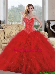 2015 Luxurious Sweetheart Red Sweet 16 Dresses with Appliques and Ruffles