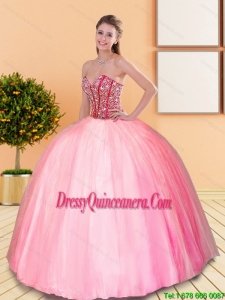 2015 Perfect Beading Sweetheart Ball Gown Sweet 15 Dresses in Rose Pink