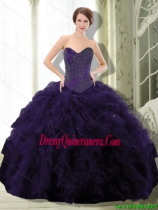 2015 Perfect Dark Purple Sweet 15 Dresses with Beading and Ruffle