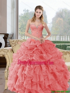 2015 Popular Beading and Ruffles Quinceanera Dresses in Watermelon