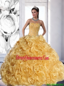 Luxurious Strapless Gold 2015 Sweet 16 Dresses with Beading and Rolling Flowers