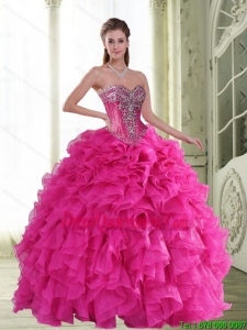 2015 Pretty Beading and Ruffles Sweetheart Quinceanera Dresses in Hot Pink