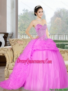 2015 Pretty Court Train Quinceanera Dresses with Beading and Ruffles