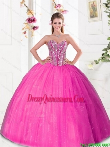 Pretty Beading and Pick Ups 2015 Quinceanera Dresses in Hot Pink