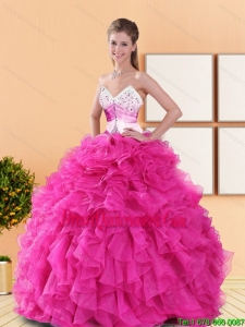 Pretty Hot Pink 2015 Quinceanera Dresses with Beading and Ruffles
