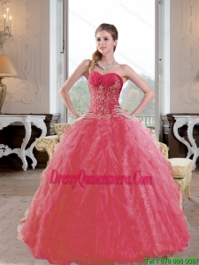 Pretty Ruffles and Appliques 2015 Quinceanera Gown in Coral Red