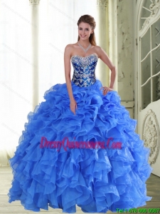 2015 New Style Beading and Ruffles Strapless Quinceanera Dresses in Blue