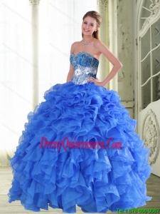 New Style Beading and Ruffles Sweetheart Blue Quinceanera Gown for 2015 Spring