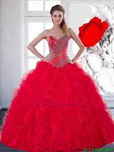 2014 Vintage Sweetheart Red Quinceanera Dress with Beading and Ruffles