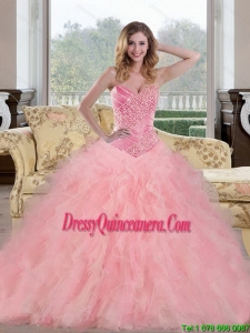 2015 Vintage Baby Pink Quinceanera Dresses with Beading and Ruffles