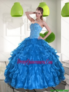 2015 Vintage Blue Quinceanera Dress with Ruffles and Beading