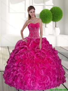 2015 Vintage Hot Pink Quinceanera Gown with Ruffles and Appliques