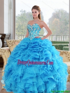 2015 Vintage Sweetheart Baby Blue Quinceanera Dresses with Beading and Ruffles