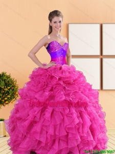 Vintage 2015 Beading and Ruffles Sweetheart Quinceanera Dresses in Hot Pink