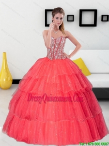Vintage Beading and Ruffled Layers Sweetheart Coral Red Quinceanera Dresses for 2015