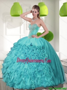 Vintage Beading and Ruffles Strapless Aqua Blue Quinceanera Dresses for 2015