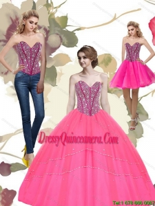 2015 Exclusive Beading Sweetheart Tulle Hot Pink Quinceanera Dresses