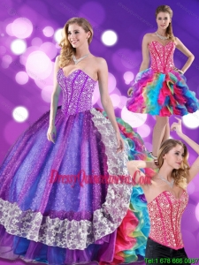 2015 Exclusive Beading and Ruffles Sweetheart Quinceanera Dresses in Multi Color