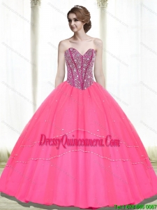 2015 Perfect Ball Gown Beading Sweetheart Hot Pink Sweet 15 Dresses