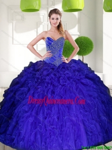 Vintage Peacock Blue Sweetheart Beading Ball Gown Quinceanera Dress with Ruffles