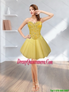Beautiful Tulle Short Sweetheart Beading 2015 Gold Dama Dresses