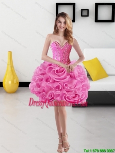 Beautiful Sweetheart Short Rolling Flowers Rose Pink Dama Dresses for 2015