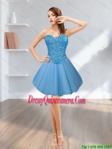 Popular 2015 Short Sweetheart Tulle Blue Dama Dresses with Beading