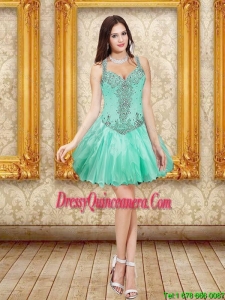 Popular Beading and Ruffles Dama Dresses in Apple Green for 2015