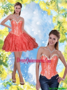Popular Short Beading and Ruffles Coral Red 2015 Dama Dresses