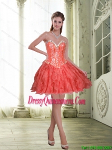 Popular Short Beading and Ruffles Coral Red Dama Dresses for 2015
