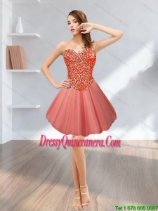 Popular Short Tulle Sweetheart Beading 2015 Dama Dresses in Watermelon